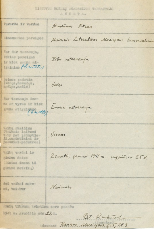 P. Rimkūno – Maironio literatūros muziejaus darbuotojo anketa. 1941 m.