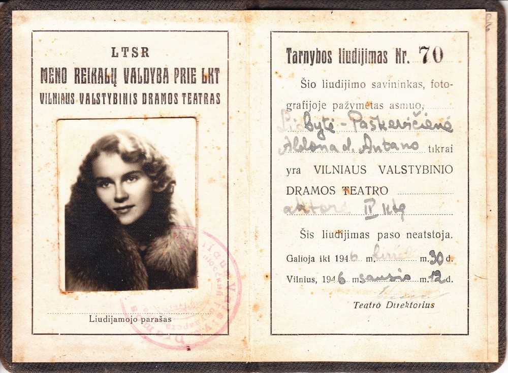 A. Liobytės – Vilniaus dramos teatro aktorės – tarnybos liudijimas. Vilnius, 1946 m.