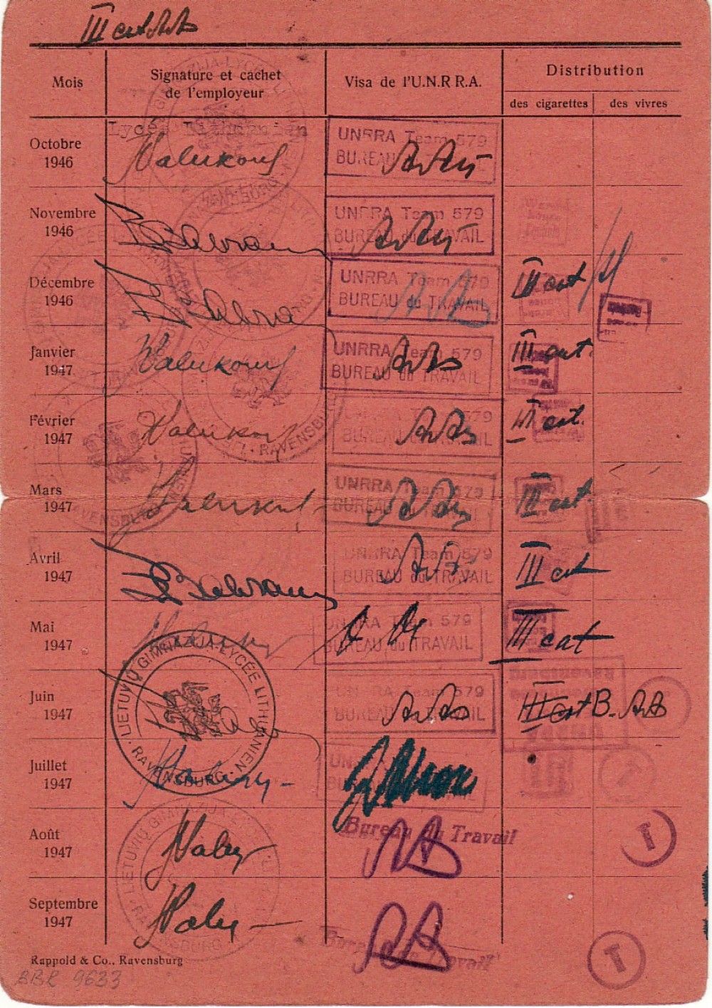 B. Brazdžionio darbo kortelė Nr. 166. 1946–1947 m. 2