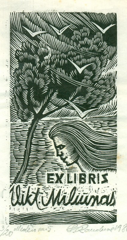 Dail. P. Rauduvė. V. Miliūno ekslibrisas. Medžio raižinys. Vilnius, 1986 m.