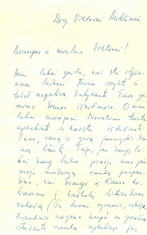 E. Mieželaičio laiškas-sveikinimas V. Miliūnui 50-mečio proga. Vilnius, 1966 m. sausio 19 d.