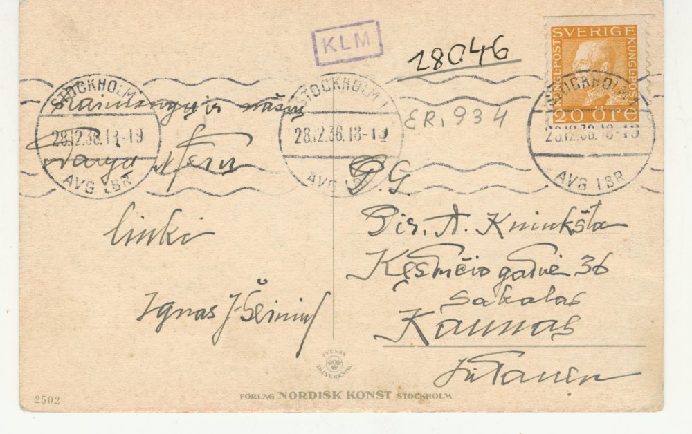 I. Šeiniaus naujametinis sveikinimo atvirukas „Sakalo“ leidyklos direktoriui A. Kniūkštai. 1936 m. gruodžio 28 d.