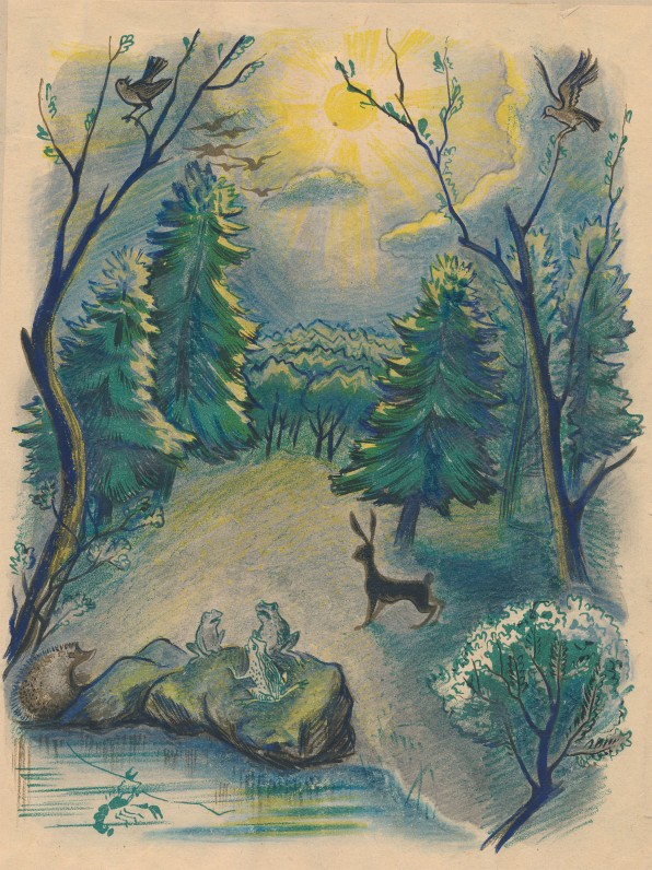 Iliustracija K. Donelaičio „Pavasario linksmybėms“. Dail. D. Tarabildienė. 1949 m.