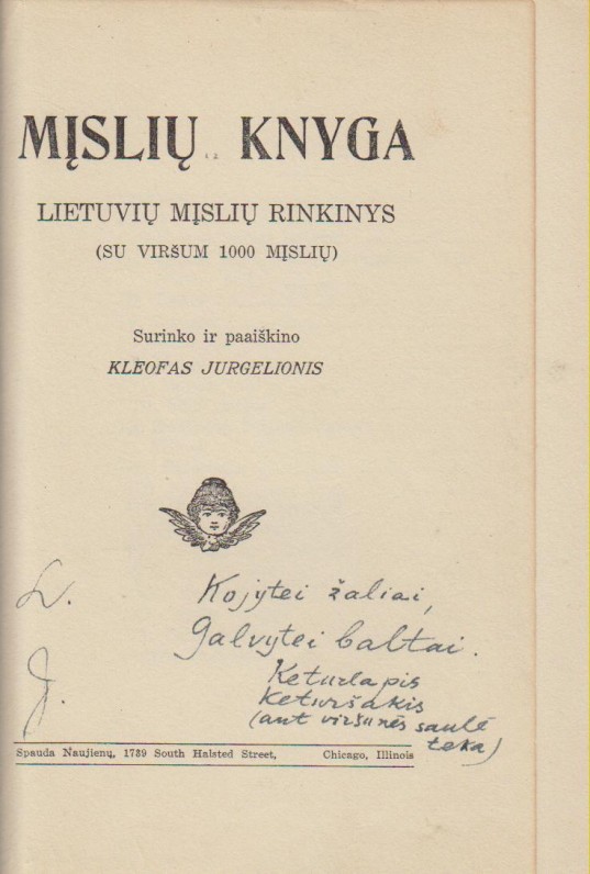 K. Jurgelionio sudaryta „Mįslių knyga“ su jo autografu. 1911 m.