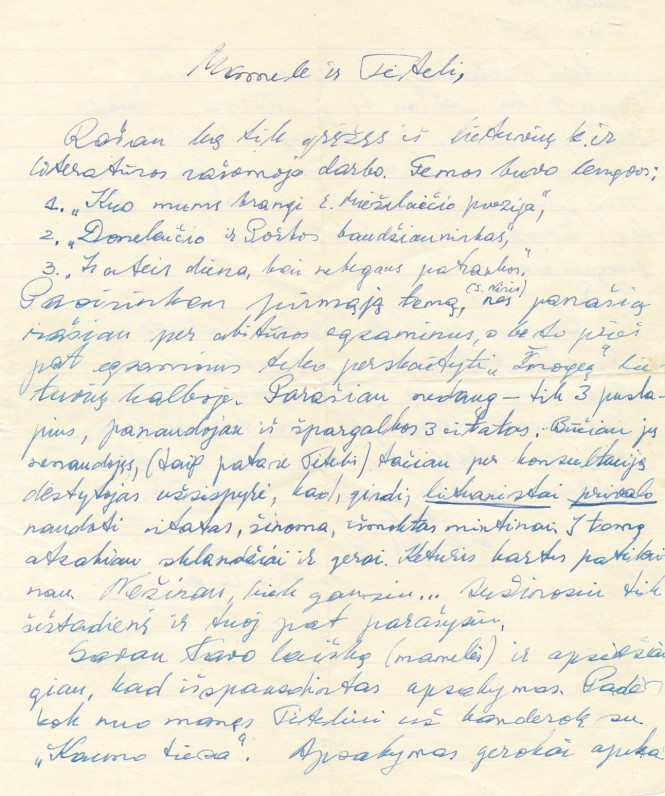 Laiškelis tėvams apie stojamuosius egzaminus į Vilniaus universitetą. 1962 m. rugpjūčio 2 d.