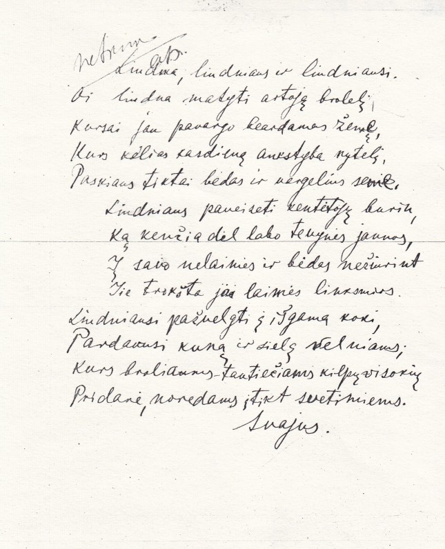 Pirmojo išspausdinto eilėraščio „Liūdna, liūdniau, liūdniausia“ rankraščio fragmentas. Panevėžys, 1911 m.
