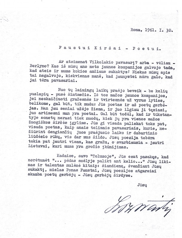 S. Lozoraičio laiškas F. Kiršai. 1961 m.