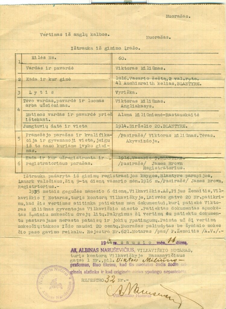 V. Miliūno gimimo liudijimo nuorašas. Vilkaviškis, 1944 m. sausio 11 d.