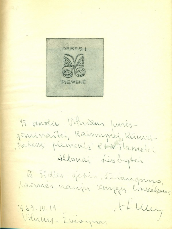 A. Žukausko dedikacija A. Liobytei kn. „Debesų piemenė“. Vilnius, 1963 04 19