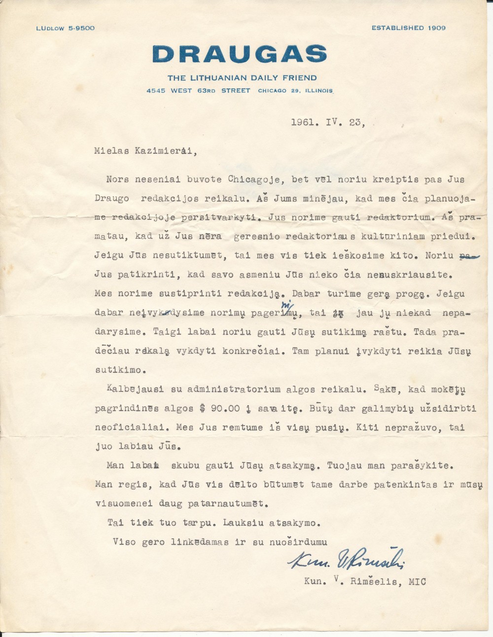 V. Rimšelio laiškas-kvietimas K. Bradūnui redaguoti dienraščio „Draugas“ kultūros ir meno priedą
