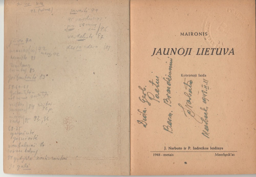 „Jaunoji Lietuva“. Merbekas, 1948 m. Brazdžionio įrašai, J. Narbuto dedikacija