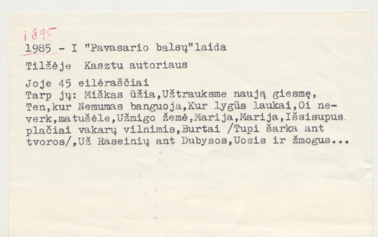 „Pavasario balsai“. Vilnius, 1976 m. Lapelis su Brazdžionio pastaba apie pirmąją „Pavasario balsų“ laidą