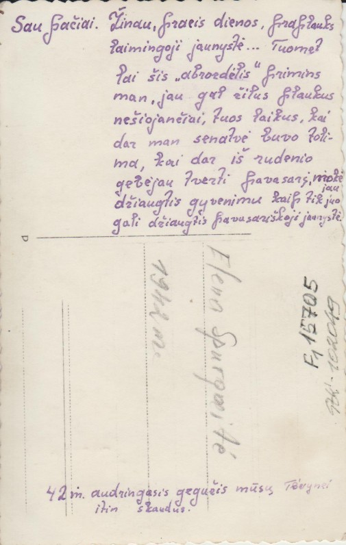 Elenos Spurgaitės autografas ant nuotraukos „Sau pačiai“. 1942 m.