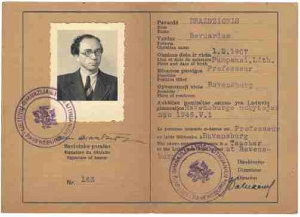 Lietuvių Gimnazijos mokytojo pažymėjimas Nr. 163, išduotas B. Brazdžioniui Ravensburge 1946 m.