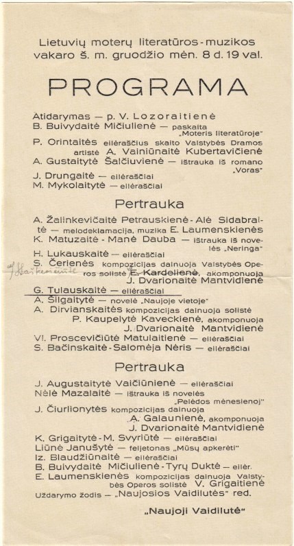 Lietuvių moterų literatūros vakaro programa. 1935 m. Pagal ją galime numanyti pirmojo vakaro, kurio programa neišlikusi, eigą