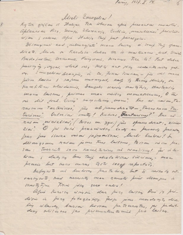 P. Cvirkos laiškas „Lietuvos žinių“ redakcijos darbuotojams, Paryžius, 1937 m.