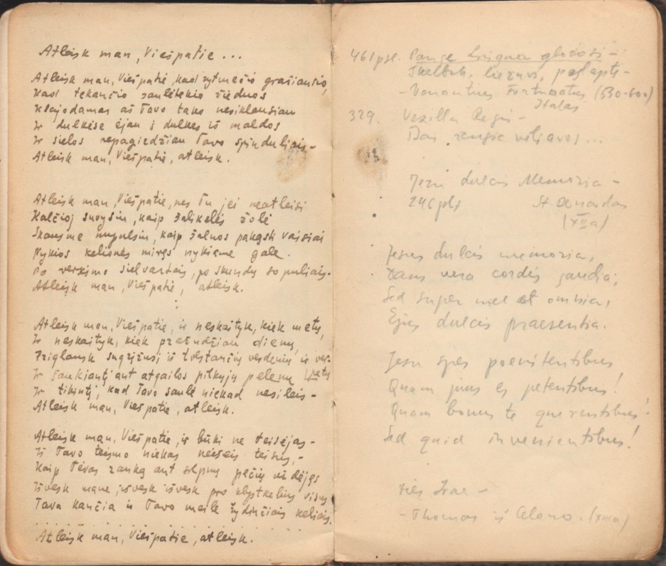 „Šlovinkim viešpatį“. Klaipėda, 1928 m. Parašė kun. Adolfas Sabaliauskas. Maldyno paskutiniai lapai su Bern. Brazdžionio rankraščiu (eil. „Atleisk man, Viešpatie…“)