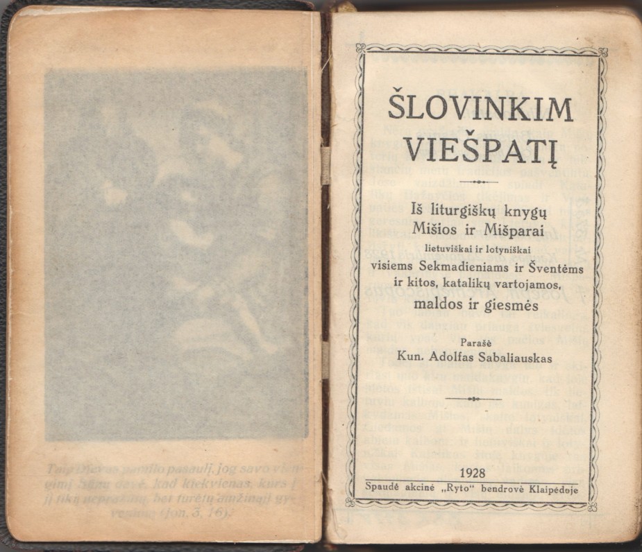 „Šlovinkim viešpatį“. Klaipėda, 1928 m. Parašė kun. Adolfas Sabaliauskas. Maldyno titulinis lapas