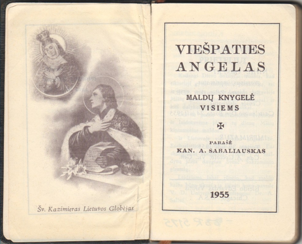 „Viešpaties angelas, Maldų knygelė visiems“. JAV, 1955 m. Parašė kan. A. Sabaliauskas. Titulinis lapas