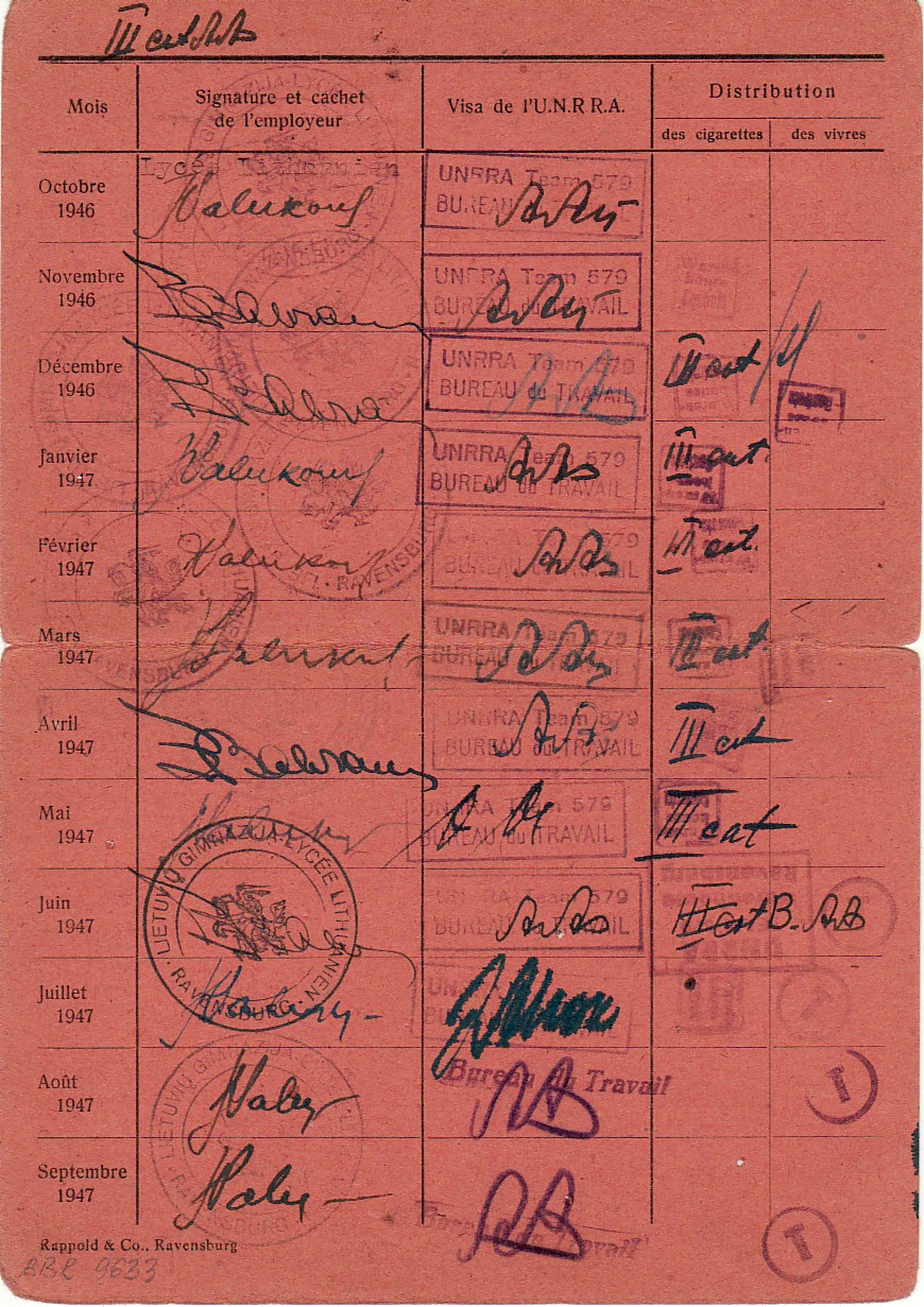 B. Brazdžionio darbo kortelė Nr. 166 prancūzų k. su parašais ir antspaudais. 1946 spalis – 1947 rugsėjis