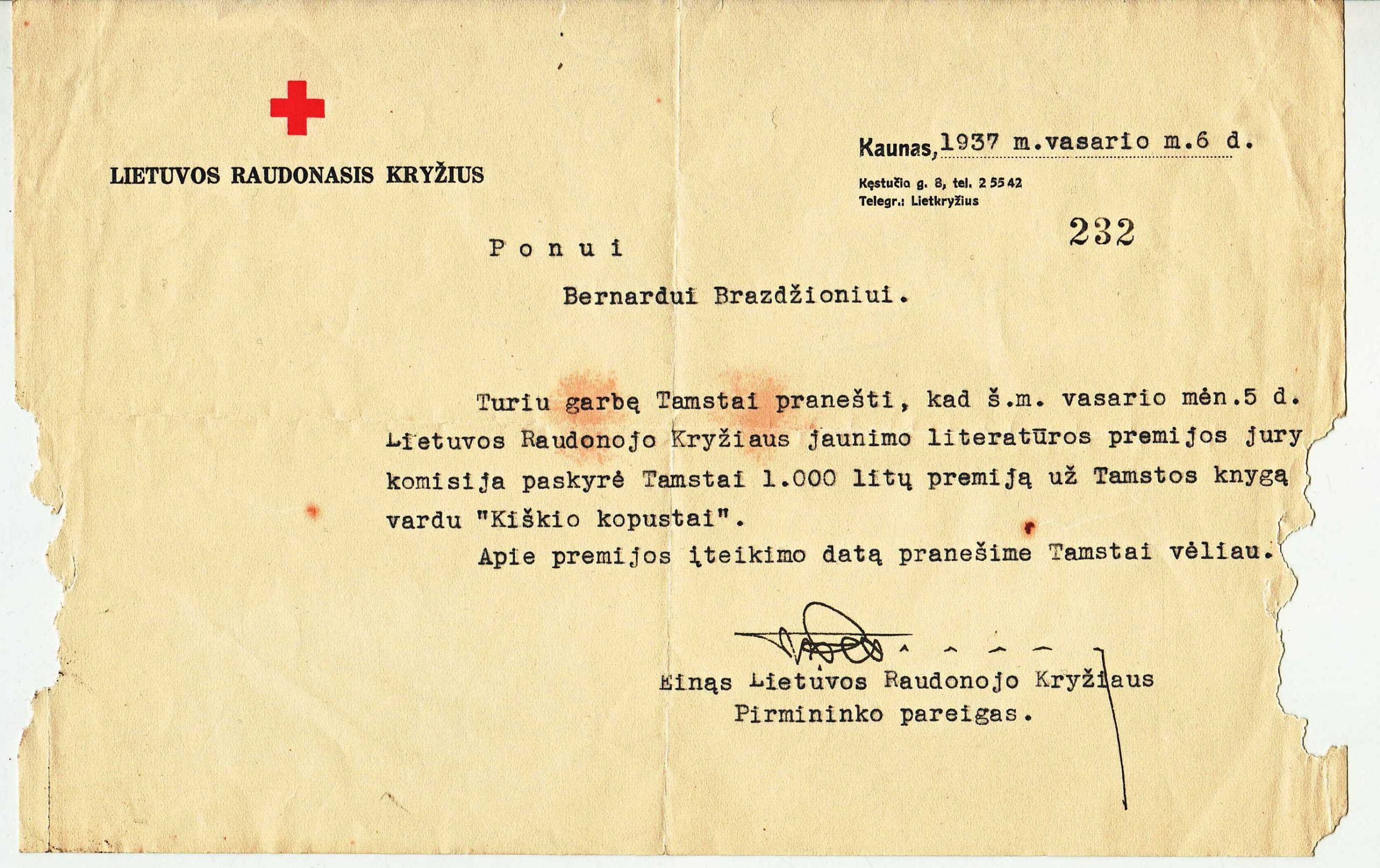 Pranešimas B. Brazdžioniui dėl Lietuvos Raudonojo kryžiaus jaunimo premijos paskyrimo už knygelę vaikams „Kiškio kopūstai“. 1937 m. vasario 6 d.
