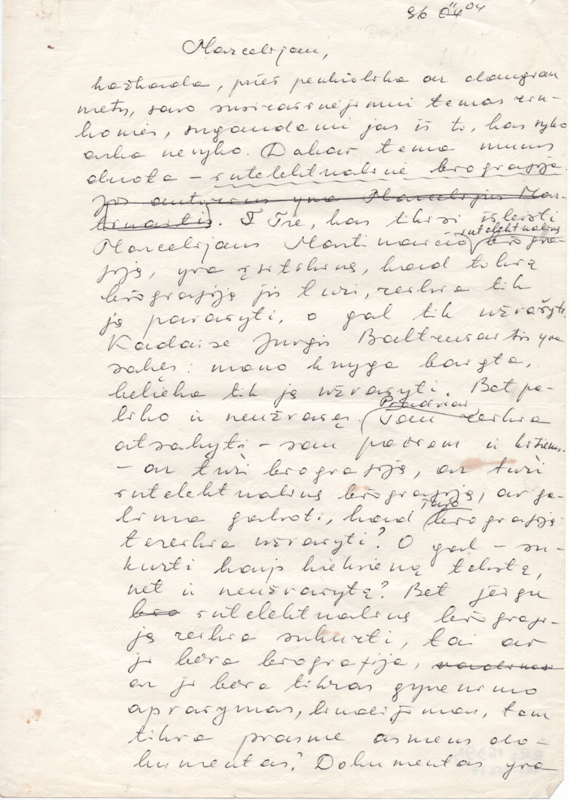 V. Daujotytės laiško M. Martinaičiui pradžia. 1996 m.