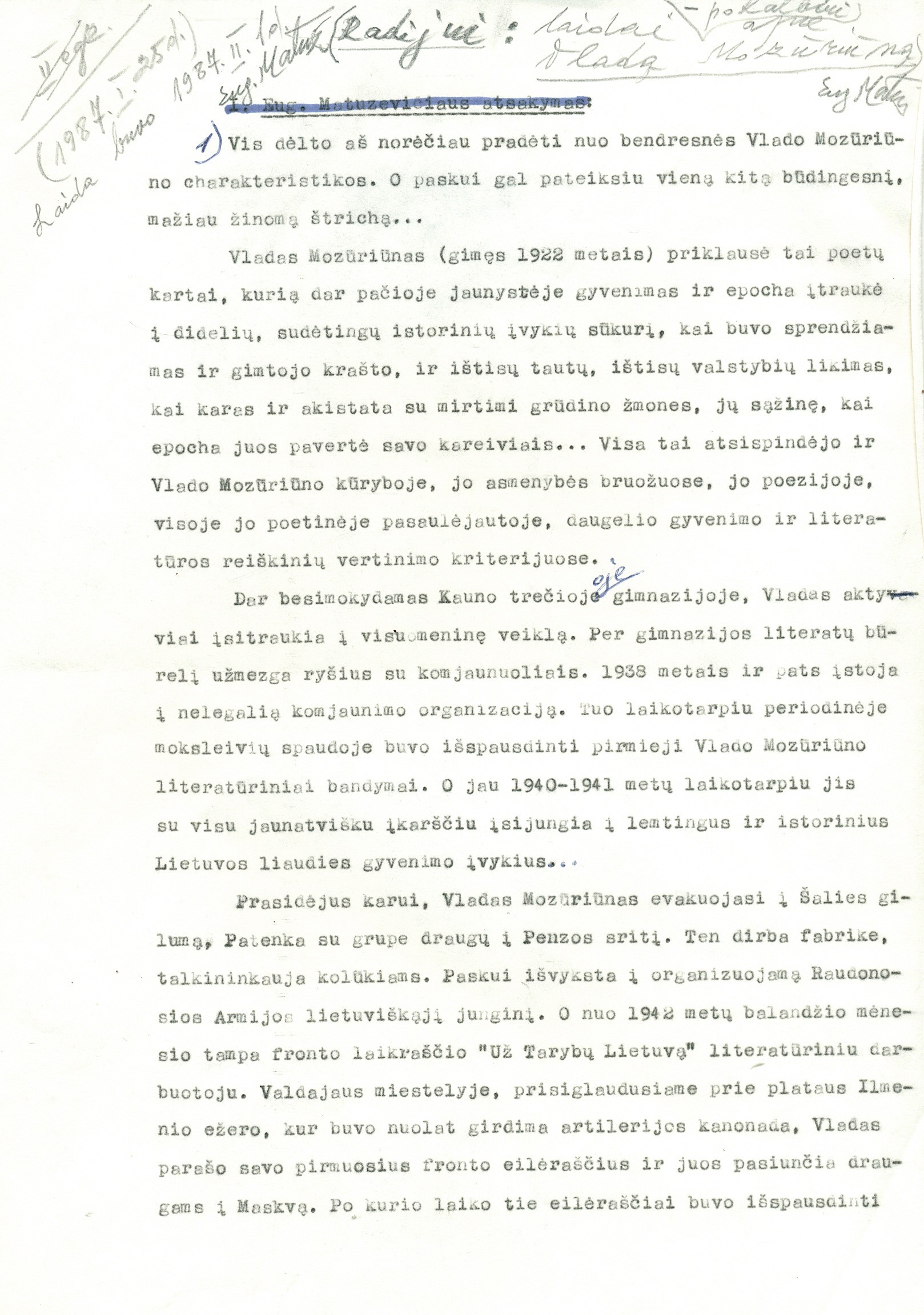 Eugenijaus Matuzevičiaus straipsnis apie V. Mozūriūną radijo laidai-pokalbiui, skirtam poeto 65-osioms gimimo metinėms paminėti. 1987-01-25 – RMM ĮK 32757