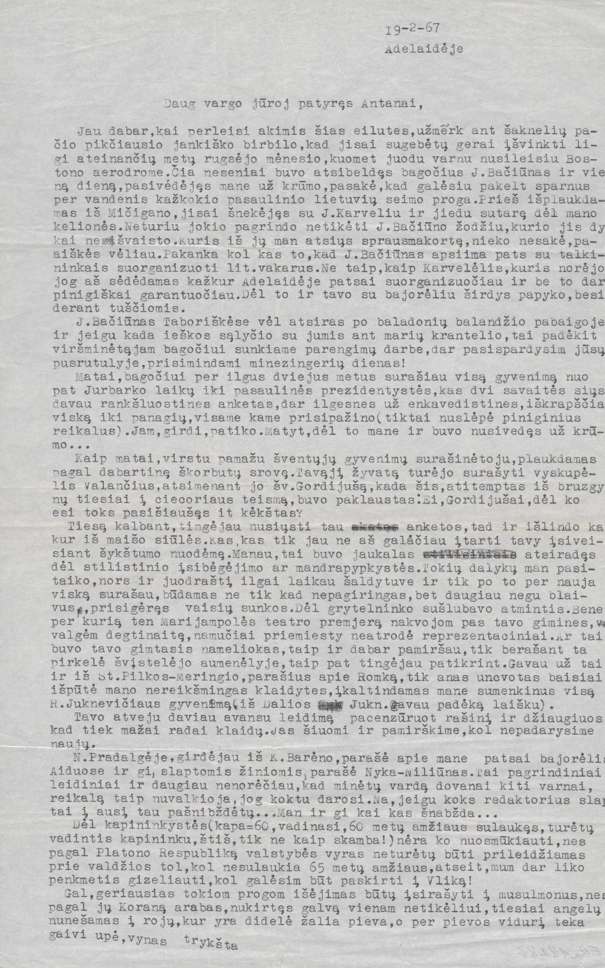 P. Andriušio laiškas A. Gustaičiui. Adelaidė, 1967 m. vasario 19 d. 1 psl. MLLM 87061