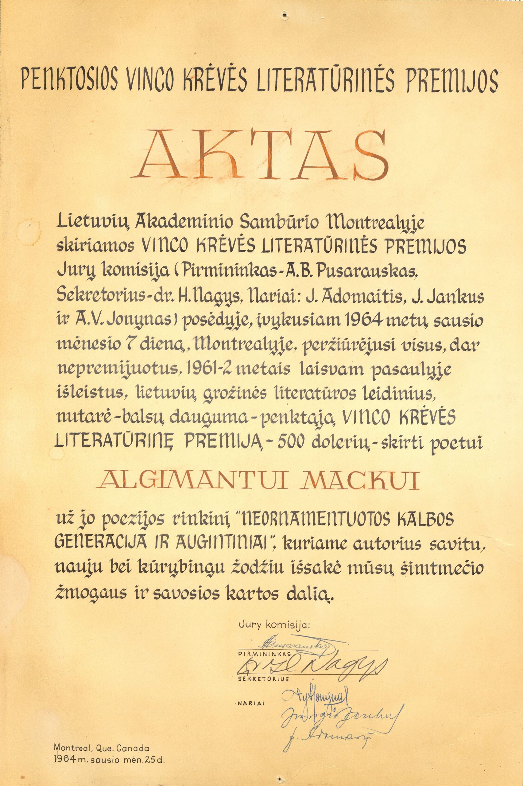 V. Krėvės premijos aktas A. Mackui už knygą „Neornamentuotos kalbos generacija ir augintiniai“. MLLM D92414