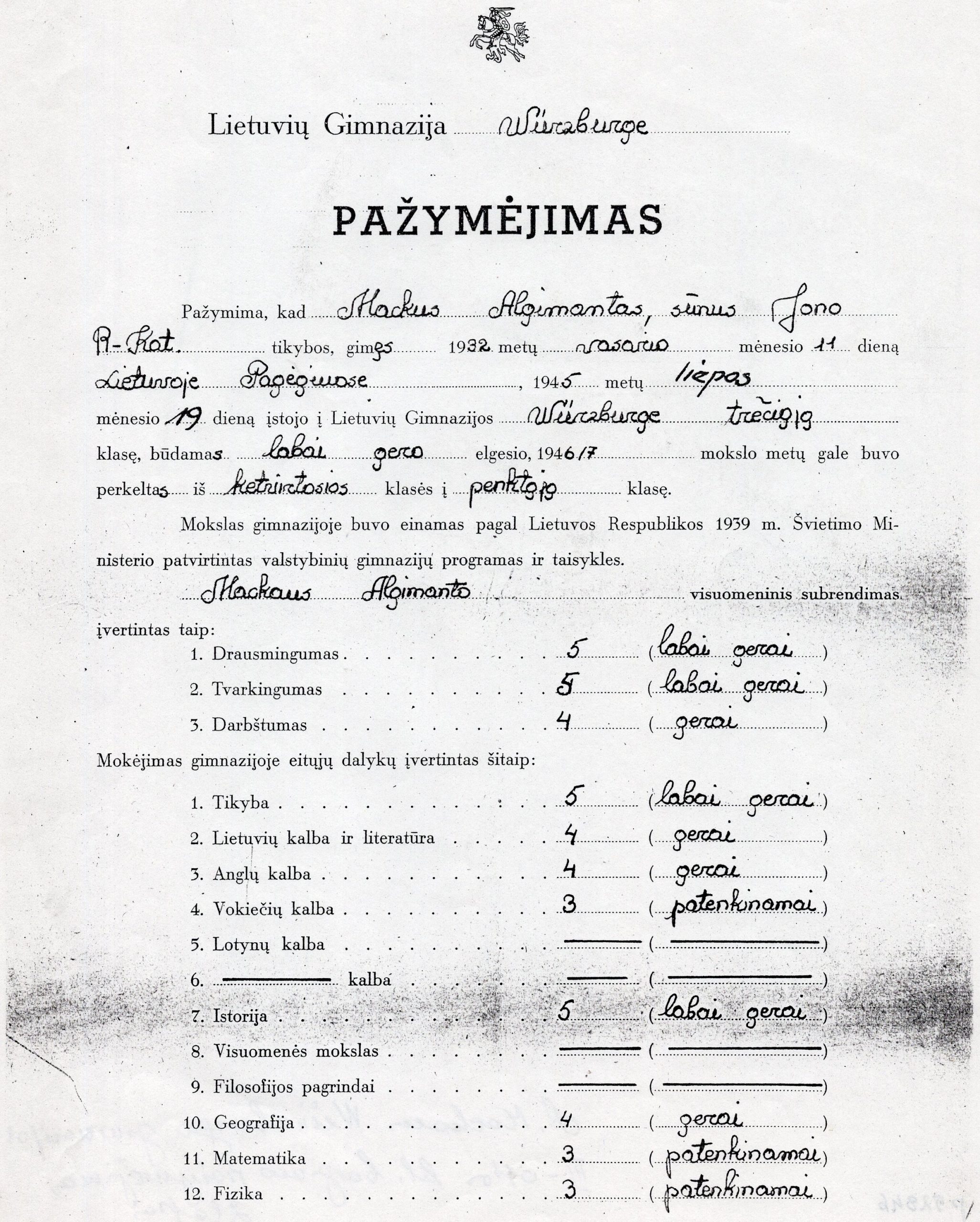 Lietuvių gimnazijos Wurzburge pažymėjimas, išduotas A. Mackui. P52846; Originalas LTSC