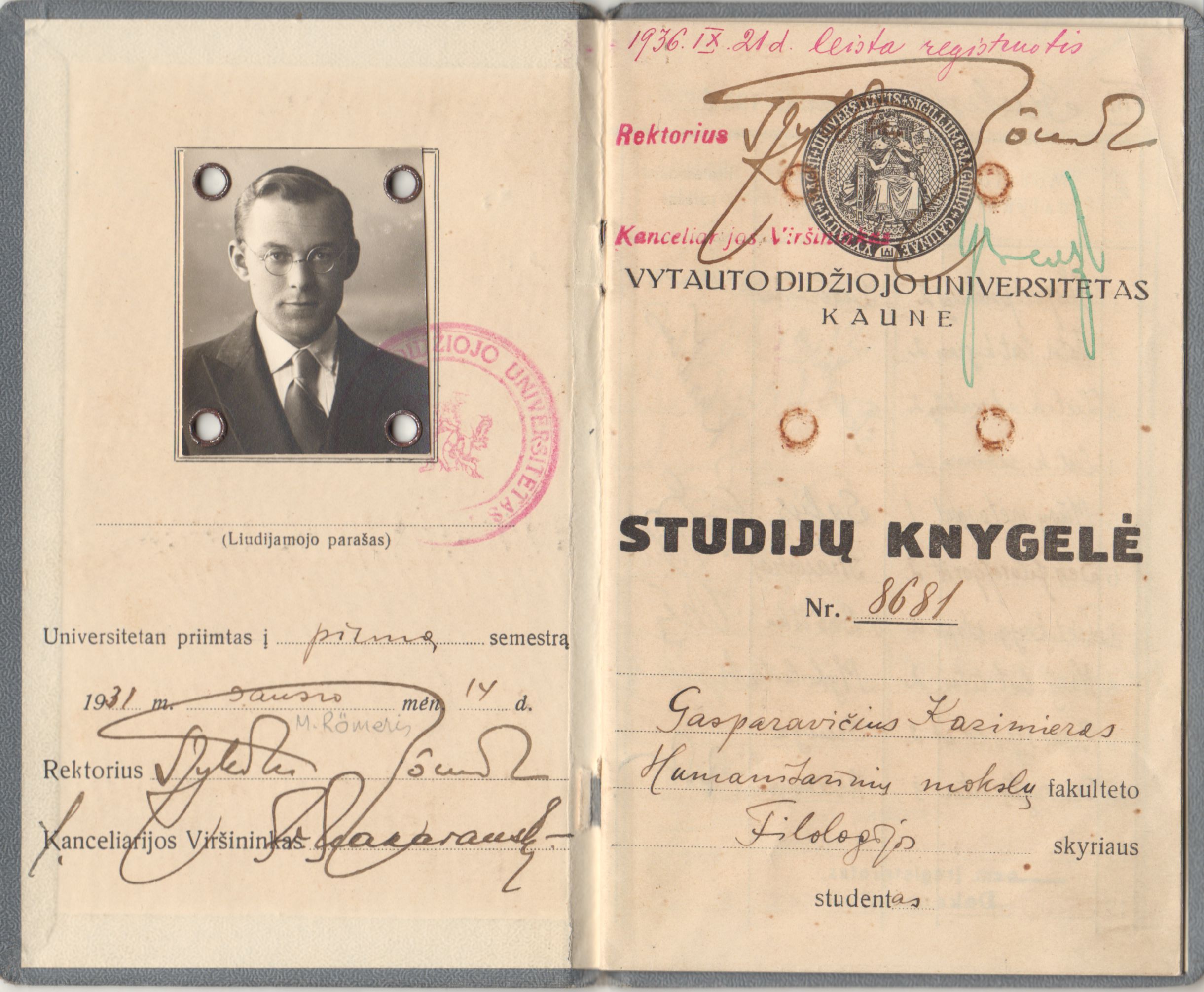 VDU Humanitarinių mokslų fakulteto, Filosofijos skyriaus studento Kazimiero Gasparavičiaus studijų knygelė. 1931 m. MLLM 75887