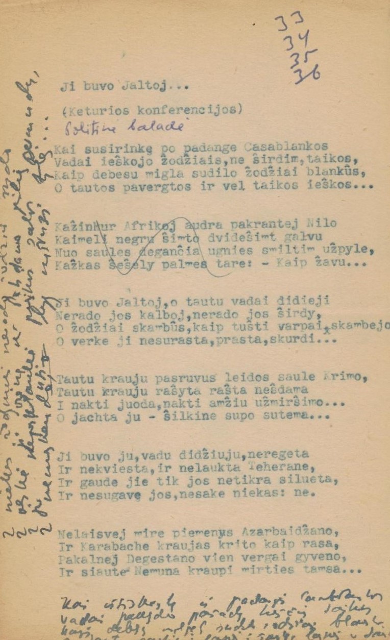 B. Brazdžionio eilėraščių rinkinio „Didžioji kryžkelė“ maketo fragmentas. 3 psl.
