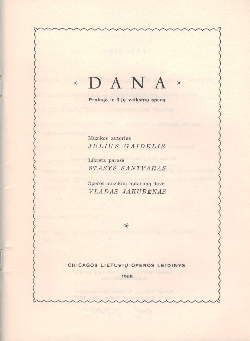 Čikagos lietuvių operos leidinio, skirto operai „Dana“, titulinis puslapis. 1969 m. MLLM 77251