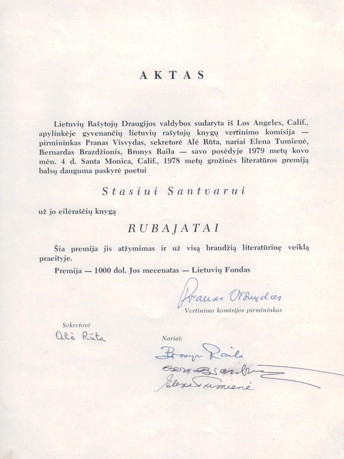 LRD valdybos aktas dėl premijos skyrimo S. Santvarui už eilėraščių knygą „Rubajatai“. Santa Monika. 1979.03.04. MLLM 86096