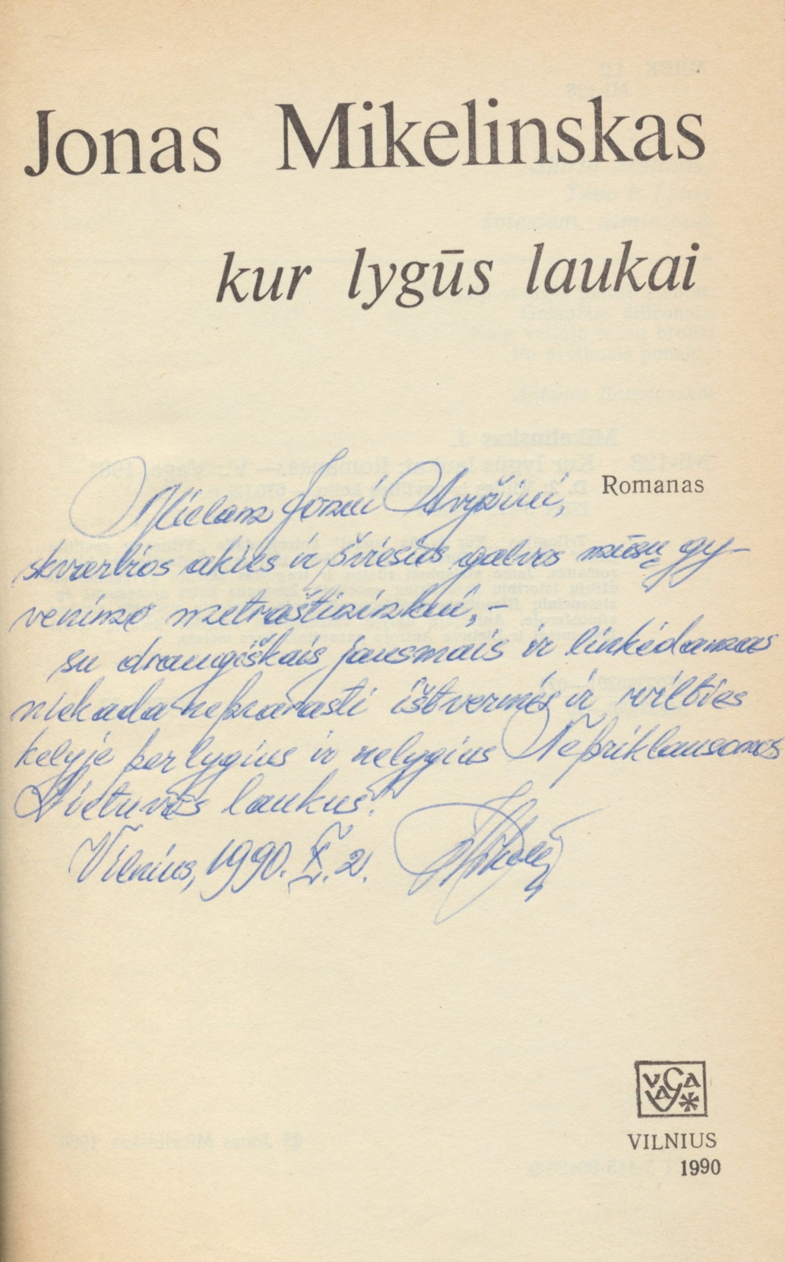 Dedikacija bičiuliui J. Avyžiui. Vilnius, 1990 m. spalio 2 d. MLLM 100376