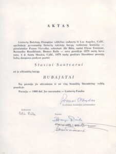 LRD valdybos aktas dėl premijos skyrimo S. Santvarui už eilėraščių knygą „Rubajatai“. Santa Monika. 1979.03.04.