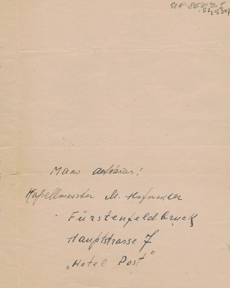 M. Hofmeklerio laiškas S. Santvarui. Vokietija. Apie 1945-1949 m.