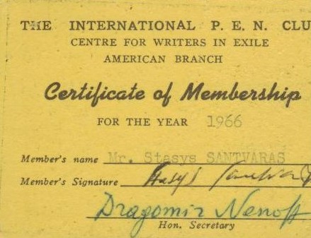 PEN klubo nario bilietas, išduotas S. Santvarui 1966 m. MLLM 62661