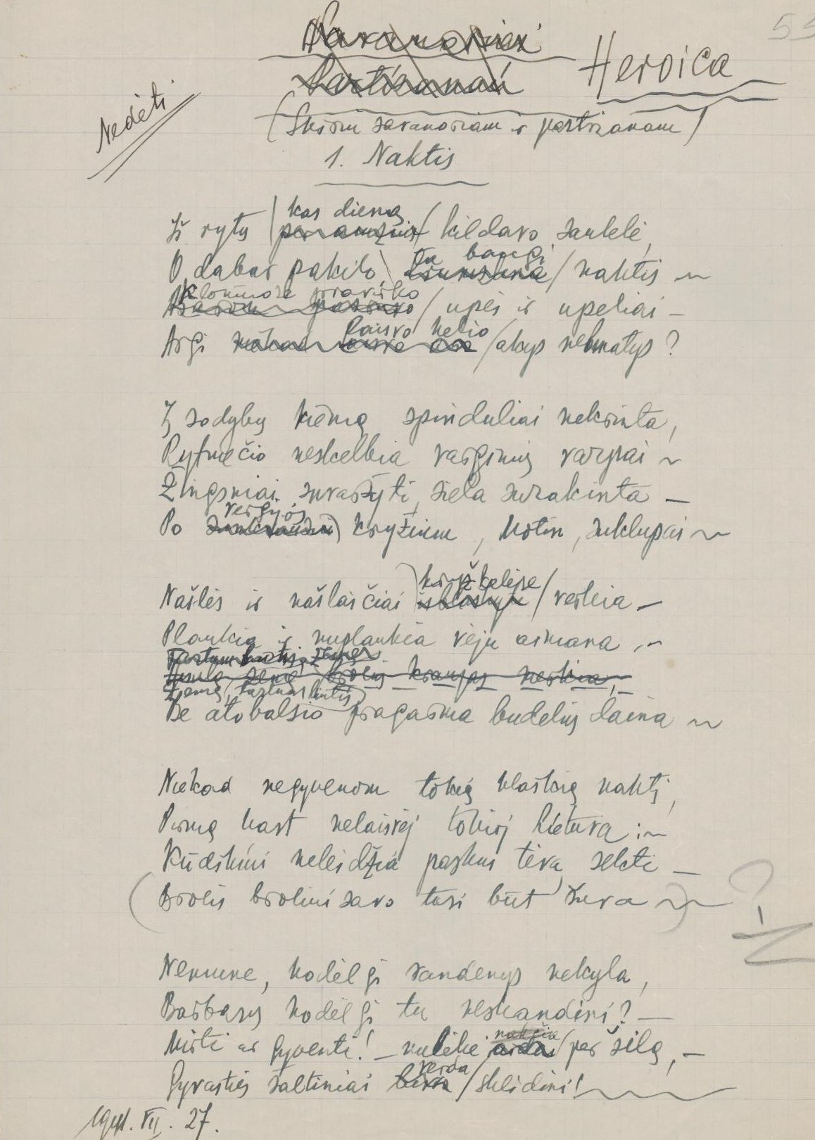 S. Santvaro eilėraštis „Naktis“ iš ciklo „Heroika“. 1941.07.27.