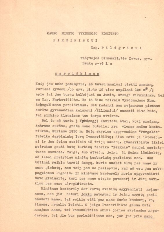 Dokumentas. I. Simonaitytės mašinraštis-pareiškimas, kuriuo pageidaujama gauti dar vieną kambarį tame pačiame bute Kaune, Dzūkų g. 1 a. 1957 m. MLLM 24928 1