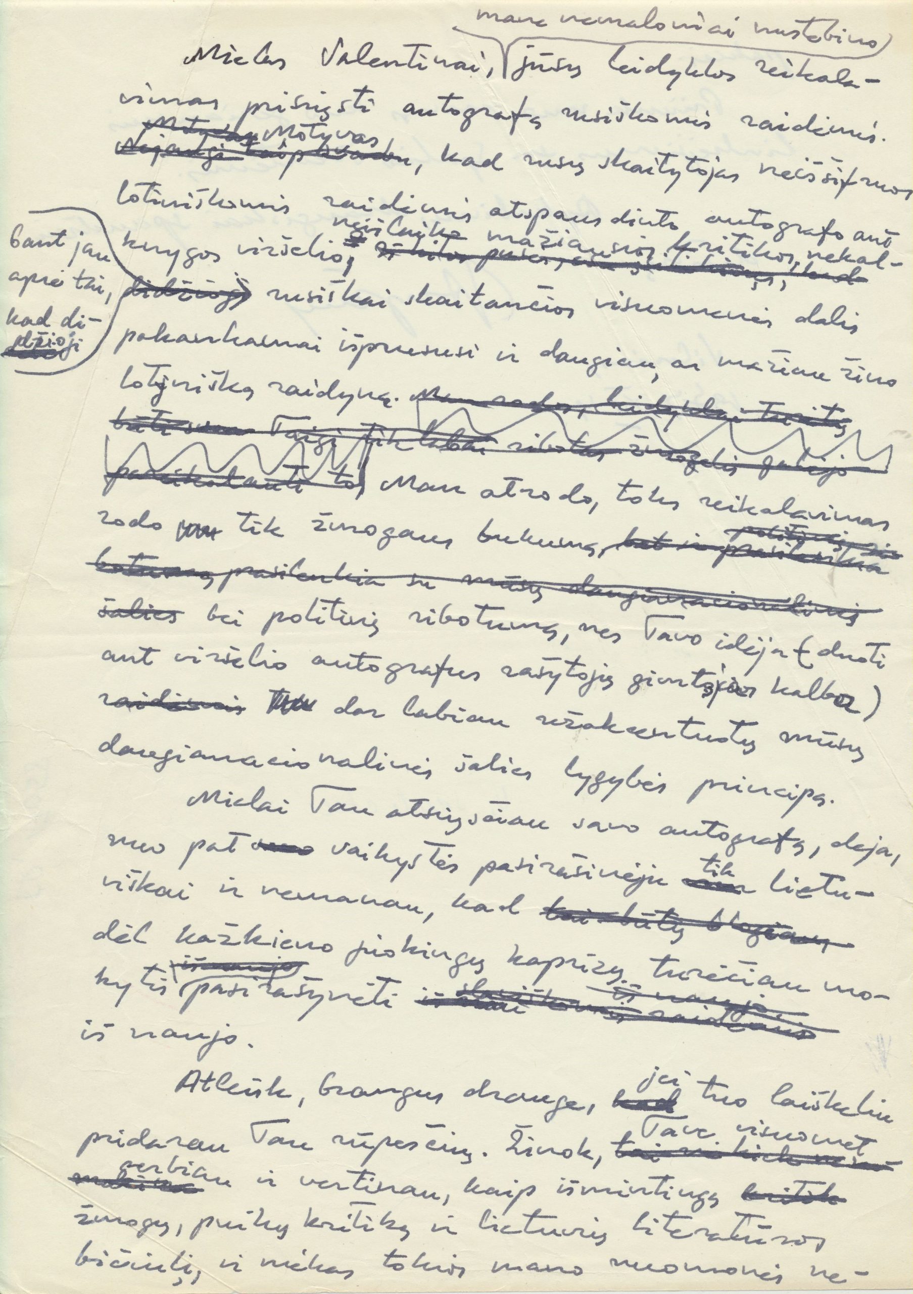 J. Avyžiaus laiško V. Sventickui juodraštis, kuriame jis atsisako pasiųsti autografą rusiškomis raidėmis. Vilnius, 1977 11 04. MLLM 96529