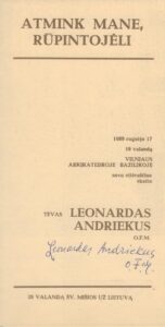 L. Andriekaus kūrybos vakaro programa. 1989 m. Parengė J.K. Matulionis