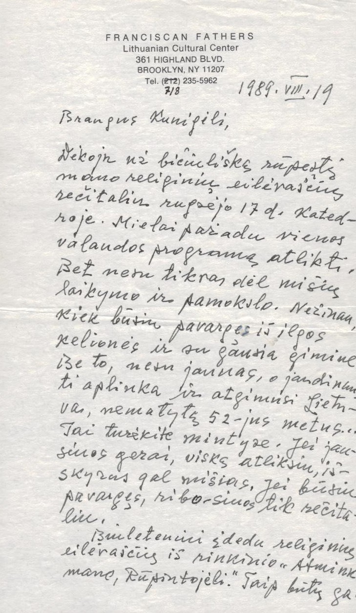 L. Andriekaus laiškas kunigui J. K. Matulioniui