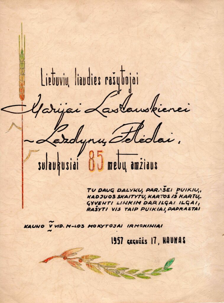Kauno 5-os vid. mokyklos mokinių sveikinimas M. Lastauskienei jos 85 – ųjų gimimo metinių proga. 1957 m. MLLM 4806