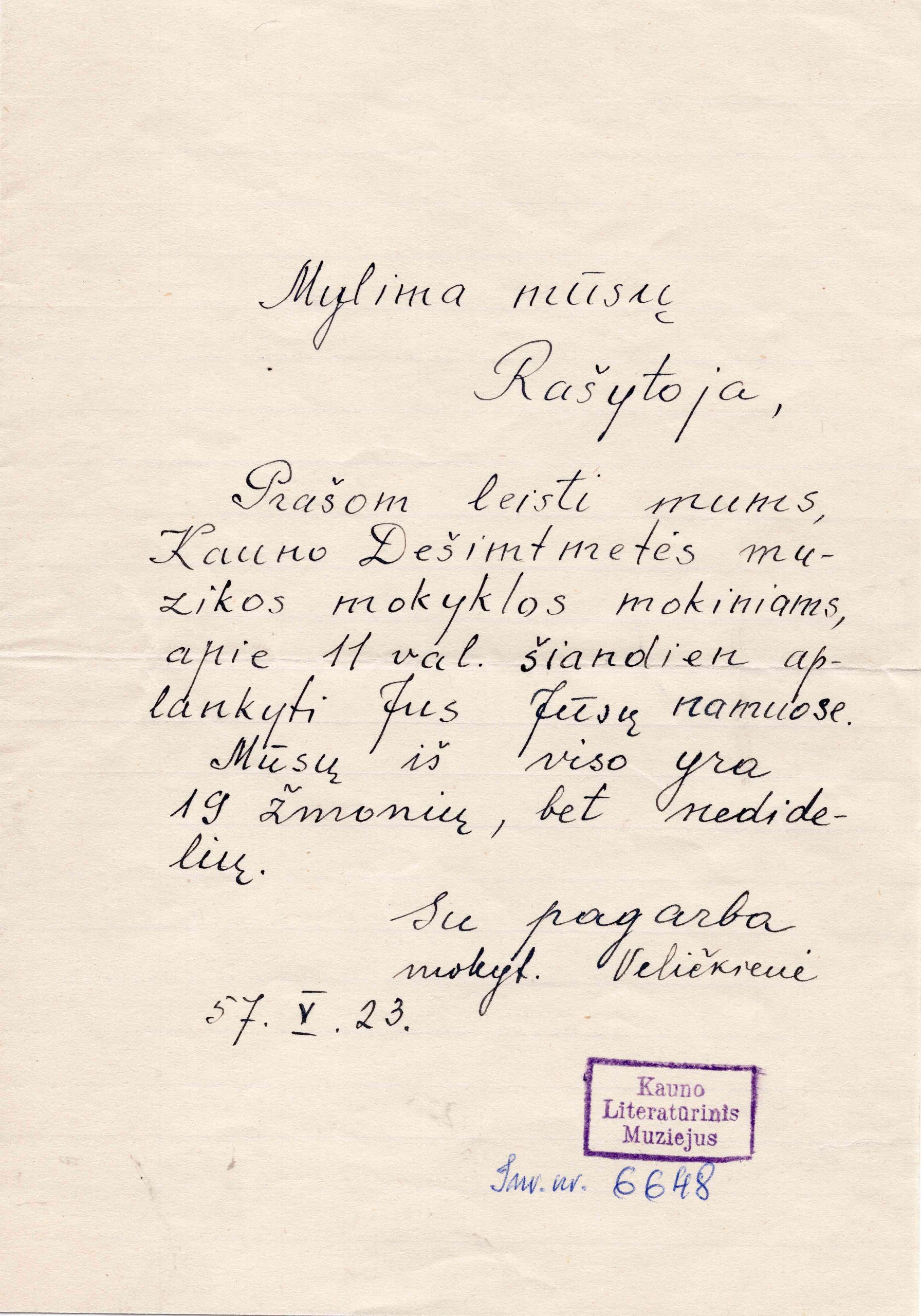 Mokytojos Veličkienės laiškas M. Lastauskienei. 1957 m. gegužės 23 d. MLLM6648
