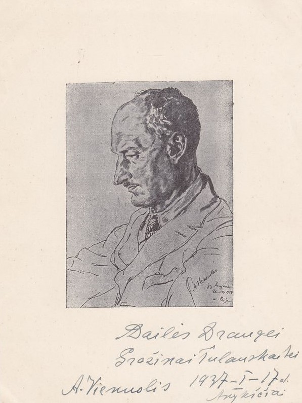Mečys Bulaka. A. Vienuolio portretas. 1928 m. Su rašytojo dedikacija Gražinai Tulauskaitei. MLLM 96647/28
