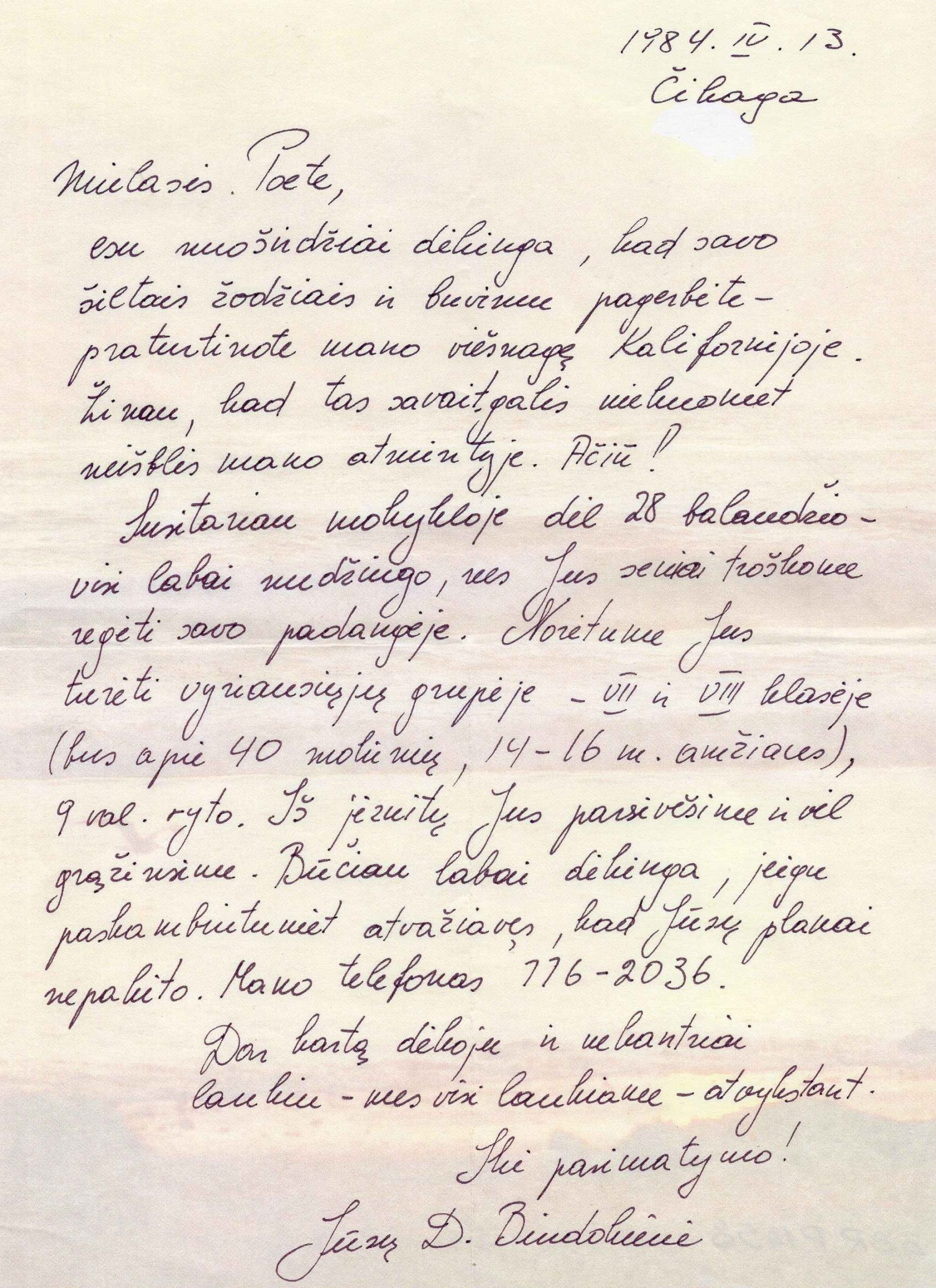 D. Bindokienės laiškas B. Brazdžioniui. Čikaga, 1984-04-13. BBR P1458