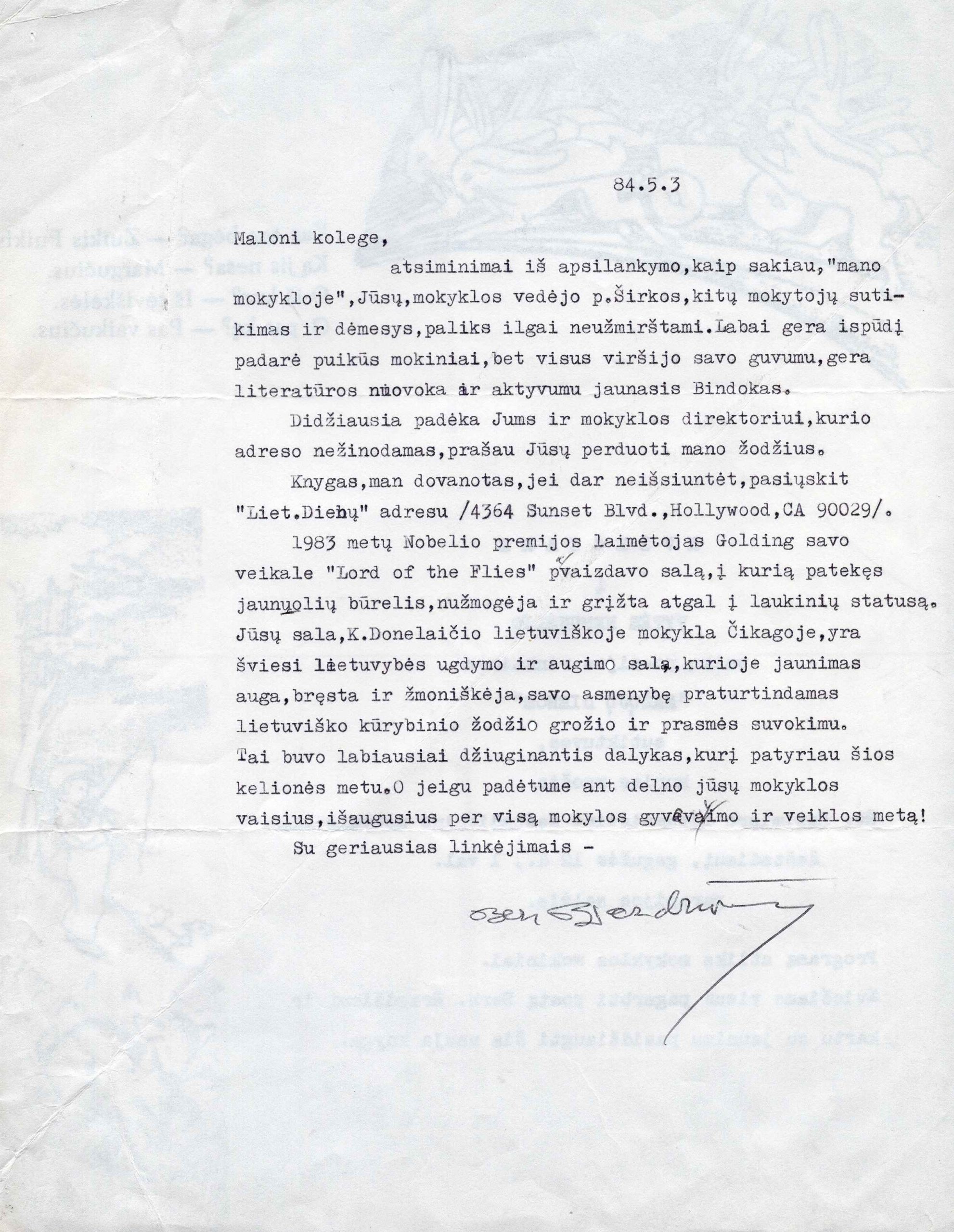 B. Brazdžionio laiškas D. Bindokienei. Kalifornija, 1984-05-03. MLLM_116784