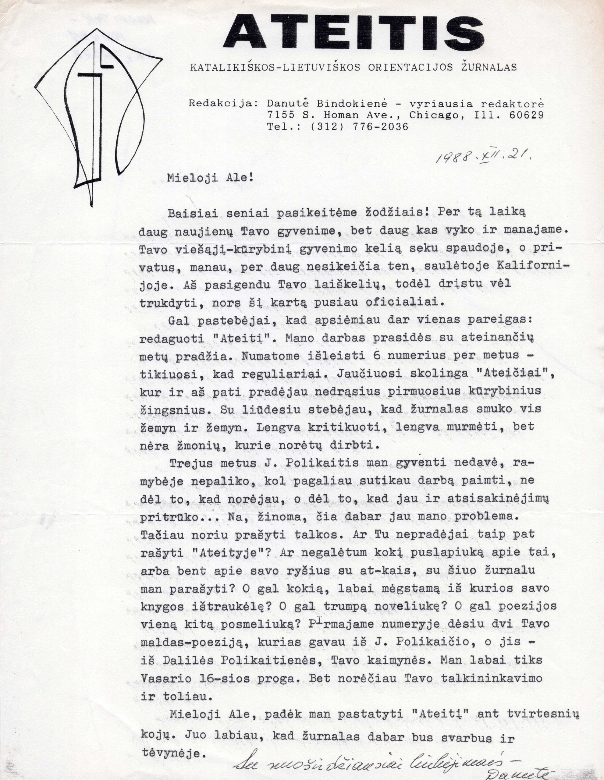 D. Bindokienės laiškas Alei Rūtai. Čikaga, 1988 m. gruodžio 21 d. MLLM_105534
