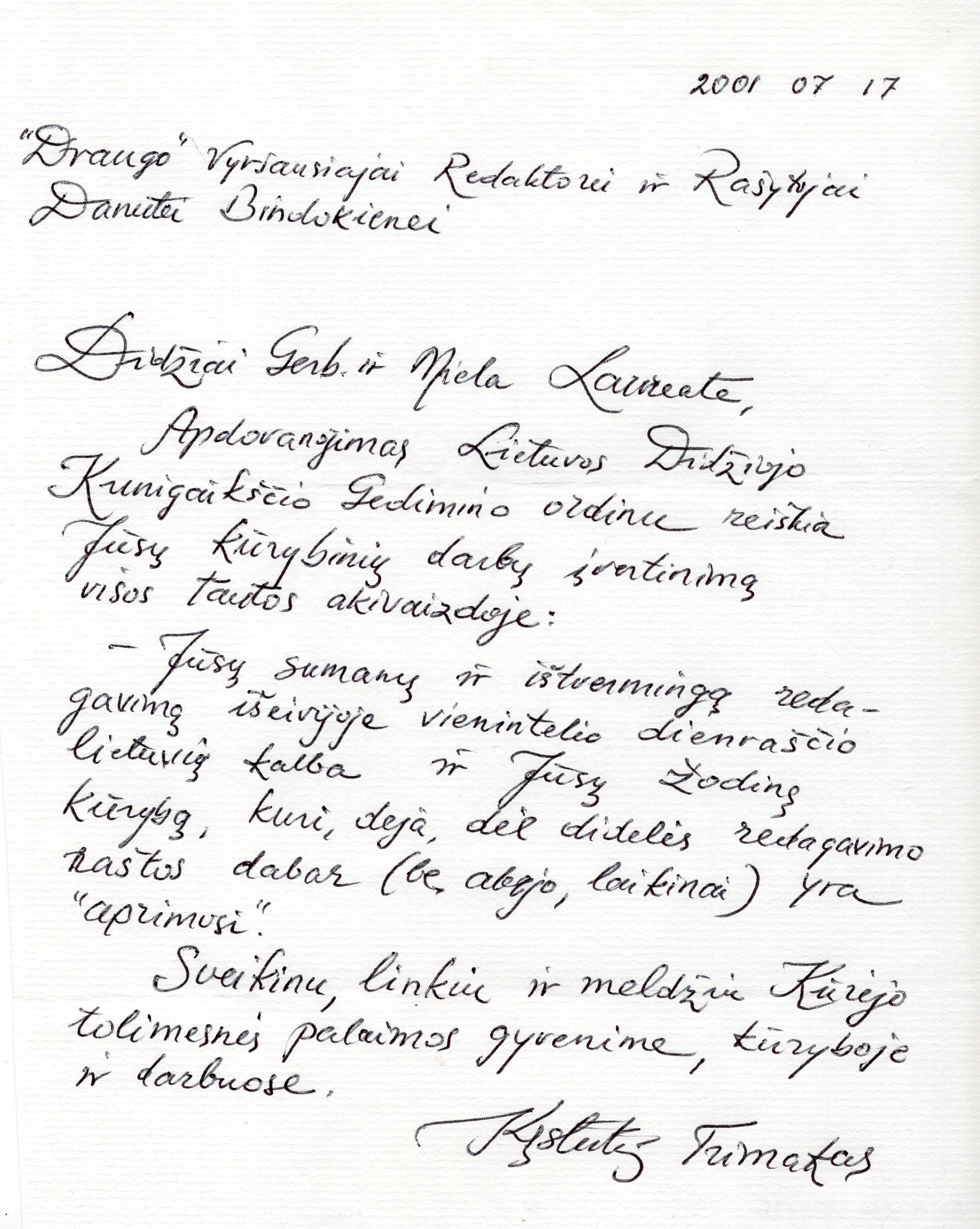 K. Trimako laiškas D. Bindokienei. Lietuva, 2001-07-17. MLLM_120436